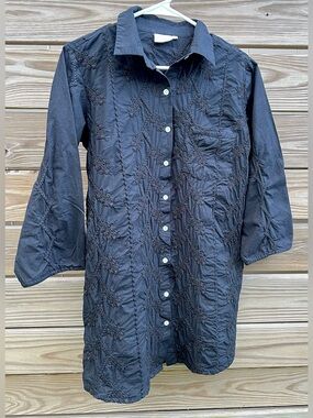 Julia Amory Embroidered Black Swizzle Shirt Dress Button Front Cotton Size S